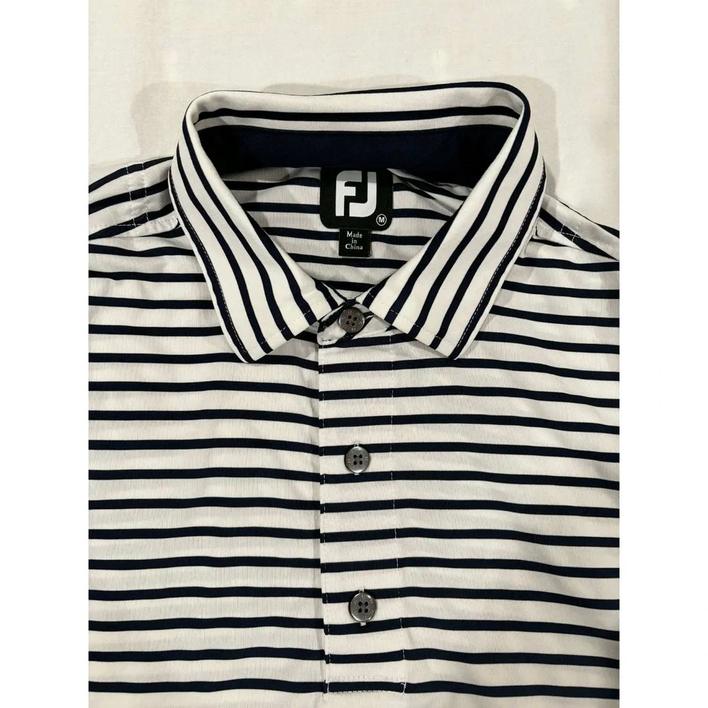 FootJoy Mens Performance Golf Polo Shirt Navy White Striped‎ Short Sleeve M